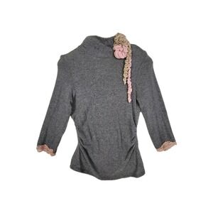 Kate Landry Vintage Gray Ribbed Knit Top w/ Floral Rosette Detain Women's Medium